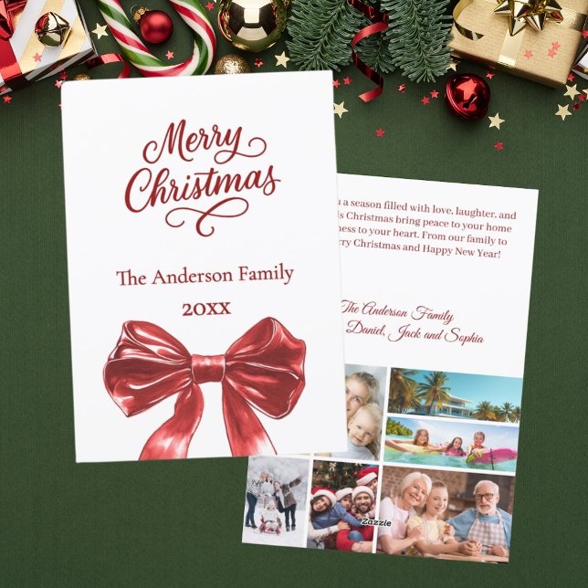 Red bow photo collage year in review Christmas Holiday Card (Creator Uploaded)