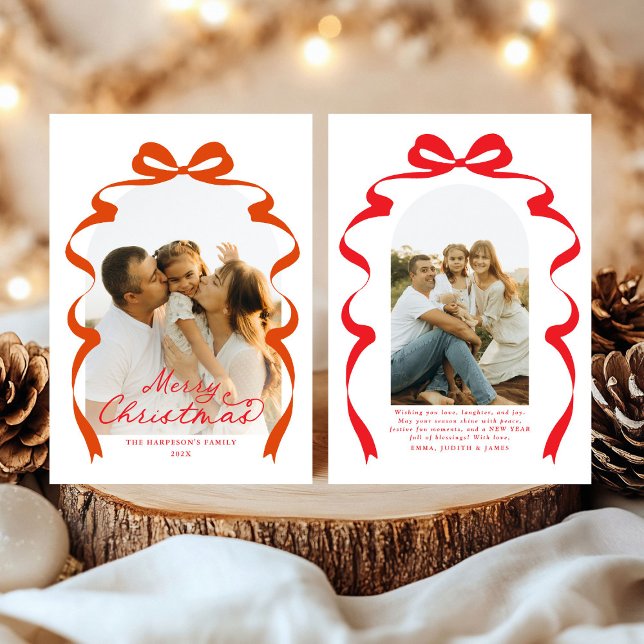 Red Bow Photo Merry Christmas Arch Holiday Card (Creator Uploaded)