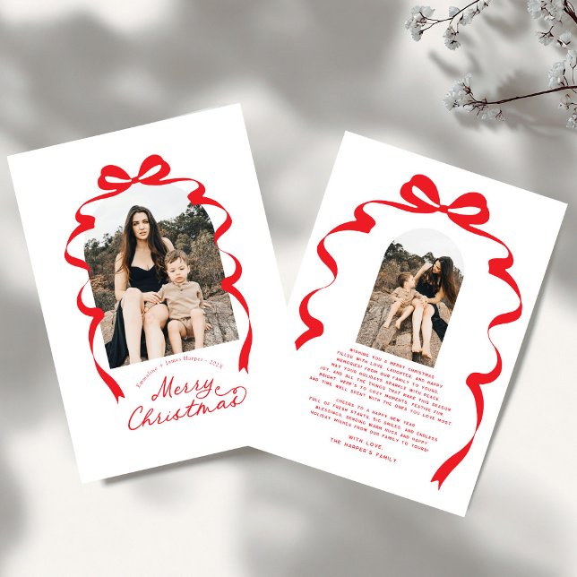 Red Bow Photo Merry Christmas Arch Holiday Card (Creator Uploaded)