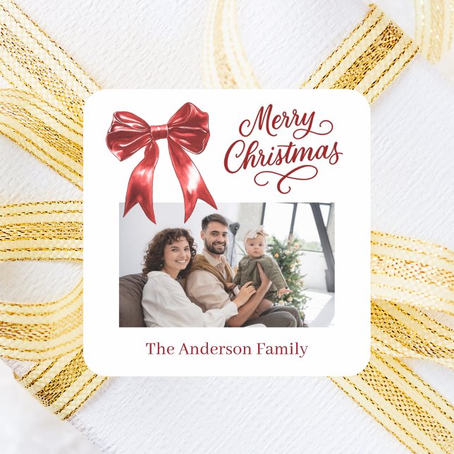 Red bow photo white script Christmas Square Sticker (Creator Uploaded)