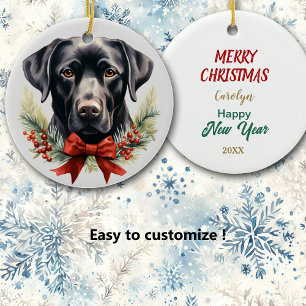 Red Bow Pine Bough Berry Labrador Retriever Dog Ceramic Ornament