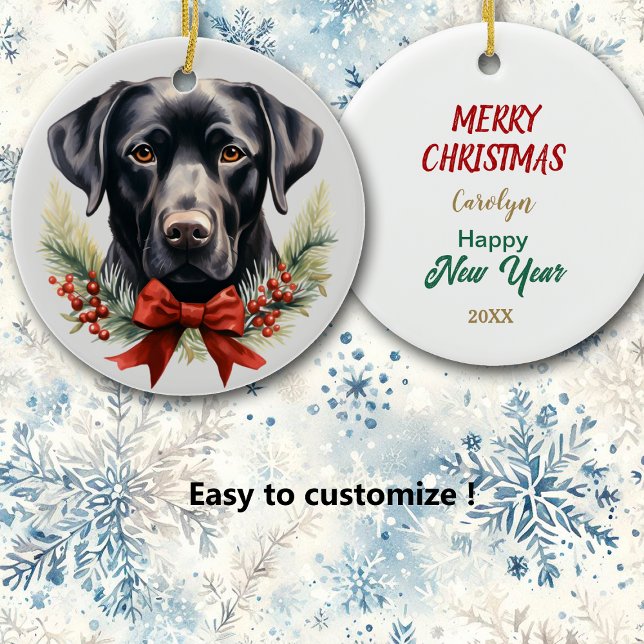 Red Bow Pine Bough Berry Labrador Retriever Dog Ceramic Ornament (Creator Uploaded)