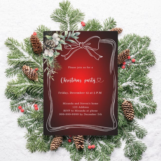 Red bow pine greenery Christmas Party Invitation (Creator Uploaded)