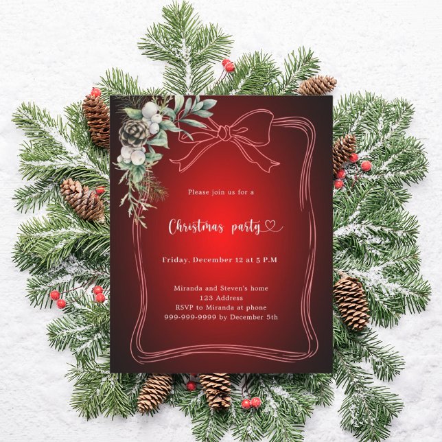 Red bow pine greenery Christmas Party invitation (Creator Uploaded)