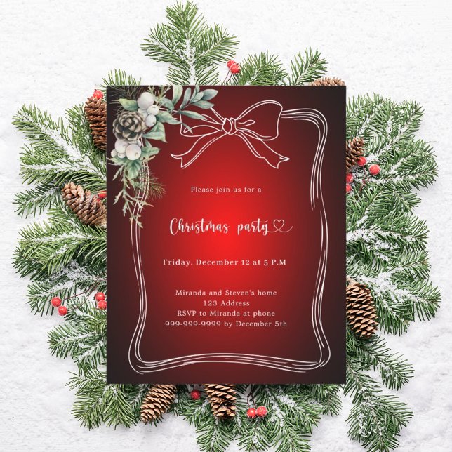 Red bow pine greenery Christmas Party invitation (Creator Uploaded)