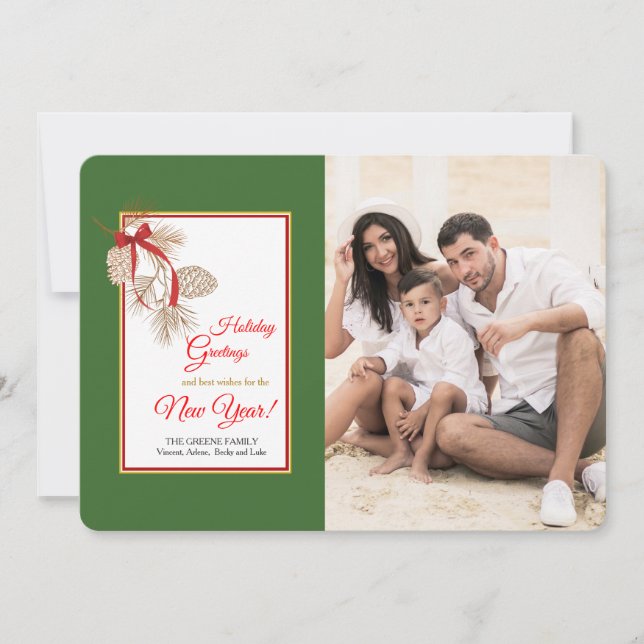 Red Bow Pinecones Photo Holiday Card (Front)