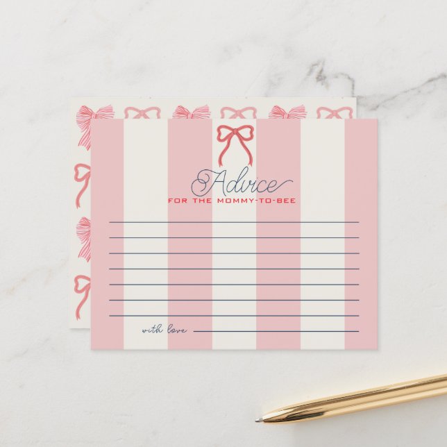 Red Bow & Pink Stripes Baby Shower Advice Card (Front/Back In Situ)