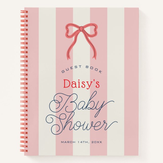 Red Bow & Pink Stripes Baby Shower Guest Book (Front)