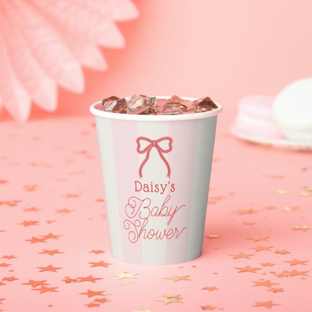 Red Bow & Pink Stripes Baby Shower Paper Cups (Insitu)