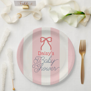 Red Bow & Pink Stripes Baby Shower Paper Plate