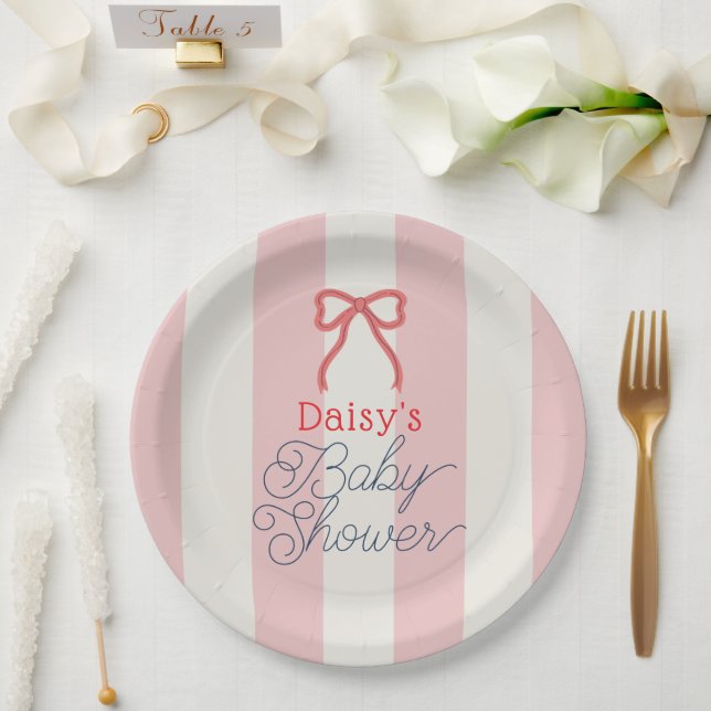 Red Bow & Pink Stripes Baby Shower Paper Plate (Wedding)