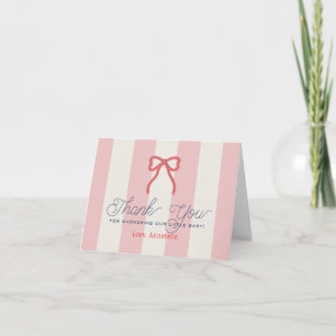 Red Bow & Pink Stripes Baby Shower Thank You Card