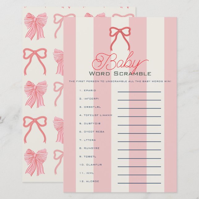 Red Bow & Pink Stripes Baby Word Scramble (Front/Back)
