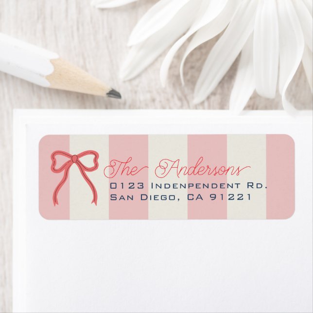 Red Bow & Pink Stripes Return Address Label (Insitu)