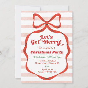 Red Bow Pink Stripes Trendy Christmas Party Invitation