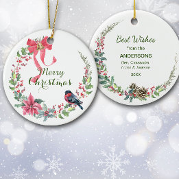Red Bow Poinsettia Bird Holiday Wreath Ceramic Ornament