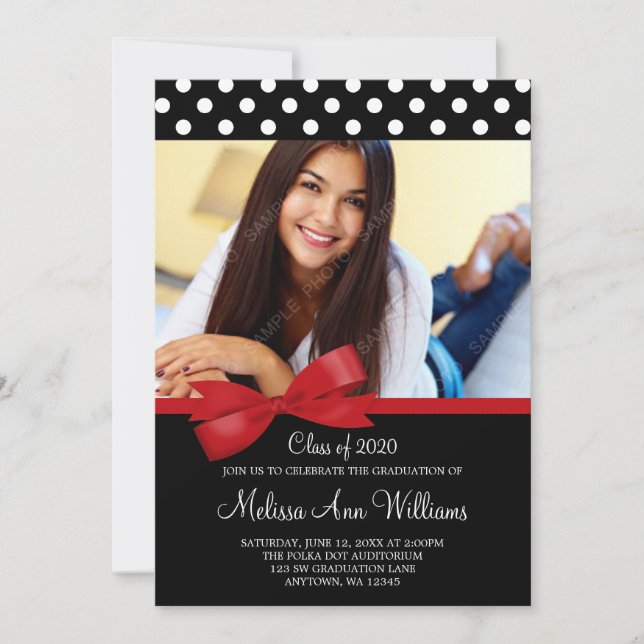 Red Bow Polka Dots Photo Graduation Announcement (Front)