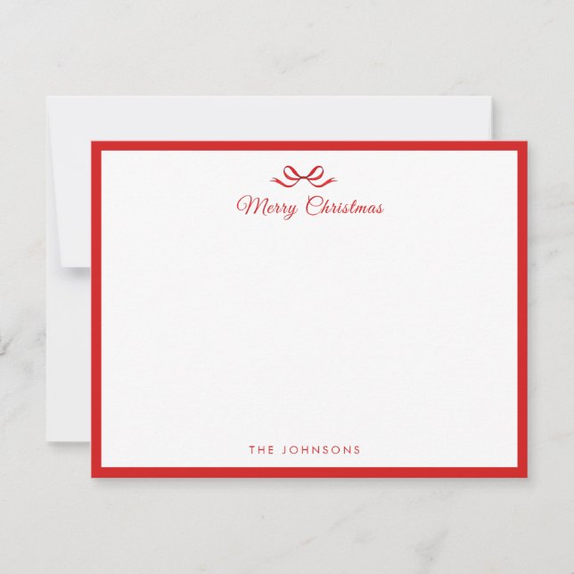 Red Bow Red border Merry Christmas Note Card (Front)
