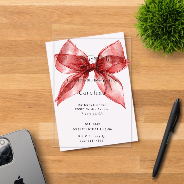 Red Bow Ribbon 16th Birthday (or any year) Acrylic Invitations (Insitu (Invitation Card))