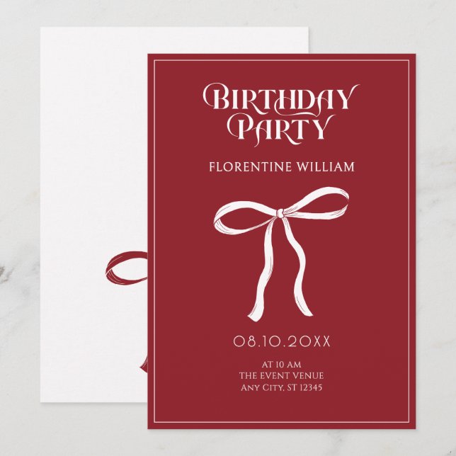 Red bow ribbon birthday invitation (Front/Back)