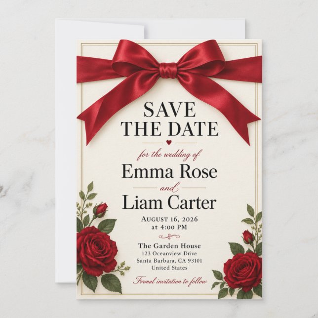 Red Bow Rose Gold Border Save the Date Invitation (Front)