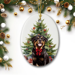 Red Bow Rottweiler Dog Christmas Ceramic Ornament