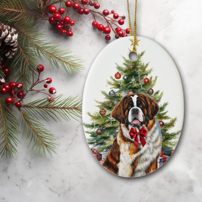 Red Bow Saint Bernard Dog Christmas Ceramic Ornament (Creator Uploaded)