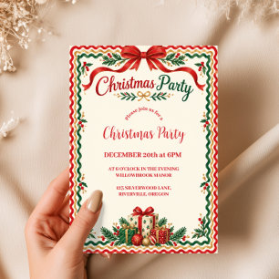 Red Bow Scalloped Christmas Party Invitation