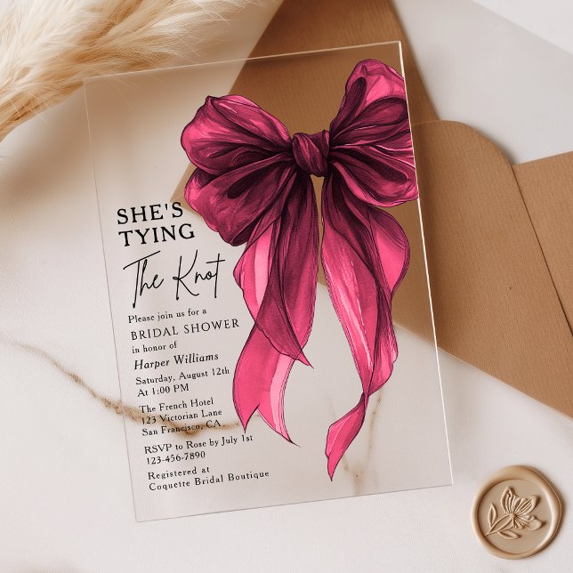 Red Bow She's Tying The Knot Bridal Shower Acrylic Invitations (Creator Uploaded)