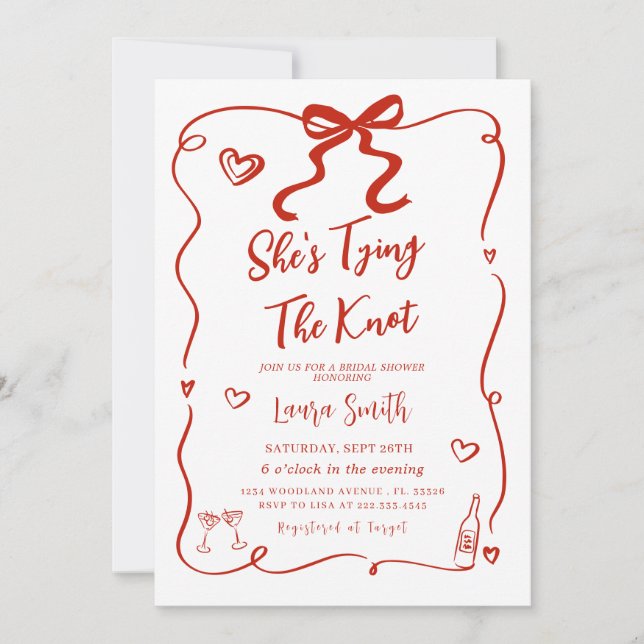 Red Bow She's Tying The Knot Bridal Shower Invitation (Front)