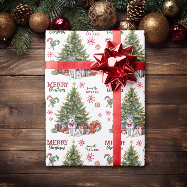 Red Bow Siberian Husky Dog Holiday Tree Wrapping Paper (Creator Uploaded)
