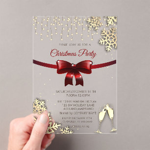 Red Bow,Snowflakes,Glasses Gold Company Christmas Acrylic Invitations