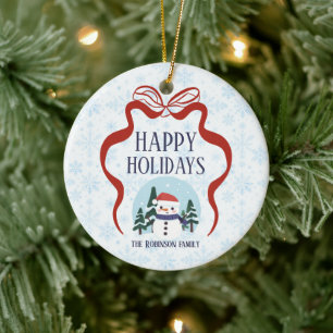 Red Bow Snowman Snowflakes Family Name Year Ceramic Ornament