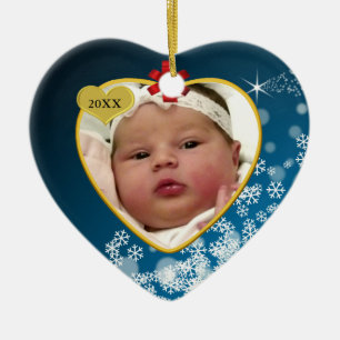 Red Bow Snowy Blue Baby's First Christmas Heart Ceramic Tree Decoration