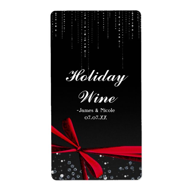 Red Bow Sparkle Bling Holiday Party Wine Label (Front)
