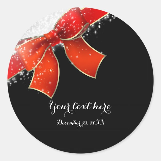 Red Bow & Sparkles Chic Holiday Christmas Favour Classic Round Sticker (Front)