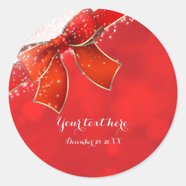 Red Bow & Sparkles Holiday Christmas Favour Classic Round Sticker (Front)