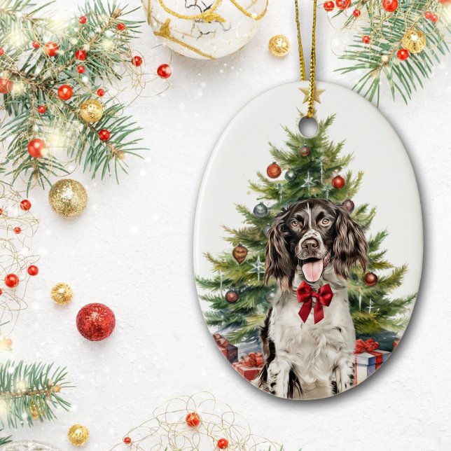 Red Bow Springer Spaniel Dog Christmas Ceramic Ornament (Creator Uploaded)
