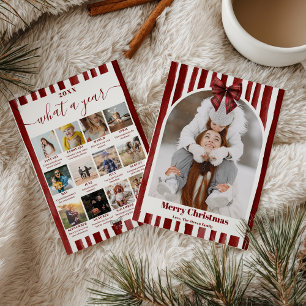 Red Bow Stripe Plaid Christmas Photo Year Review Holiday Card