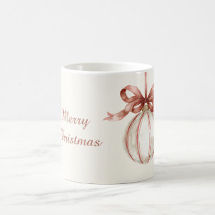 Red Bow Stripes Ivory White Christmas Ornament Coffee Mug