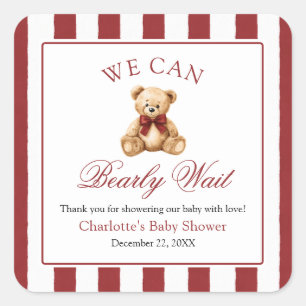 Red Bow Teddy Bear We Can Bearly Wait Baby Shower Square Sticker