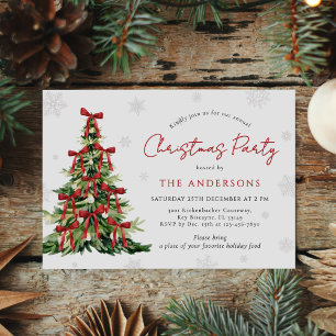 Red Bow Traditional Tree Christmas Party Invitation