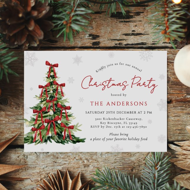Red Bow Traditional Tree Christmas Party Invitation (Creator Uploaded)