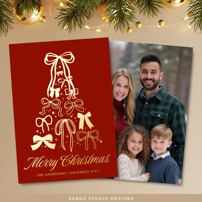 Red Bow Tree Christmas Photo Gold Foil Card (Front and back, real gold foil card shown in 5 x 7 inches.)