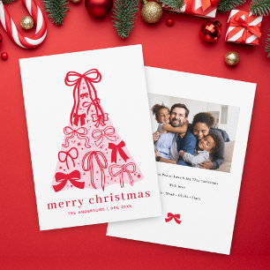 Red Bow Tree Modern Family Photo Merry Holiday Card