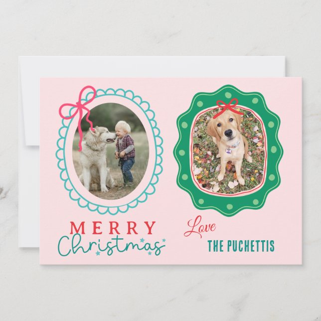 Red Bow Two Picture Frame Christmas Holiday Card (Front)