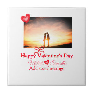 Red bow valentine's day add photo name heart love ceramic tile