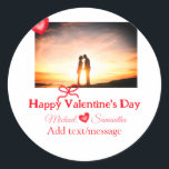Red bow valentine's day add photo name heart love  classic round sticker<br><div class="desc">design</div>