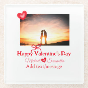 Red bow valentine's day add photo name heart love  glass coaster