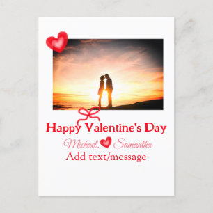 Red bow valentine's day add photo name heart love  postcard